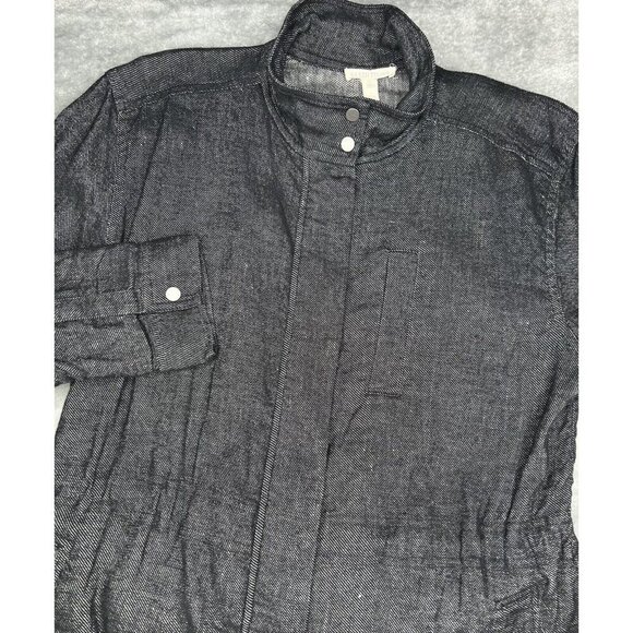 Eileen Fisher Jacket Medium Black Linen Blend Speckled Lightweight Snaps Zip Up - Picture 1 of 11